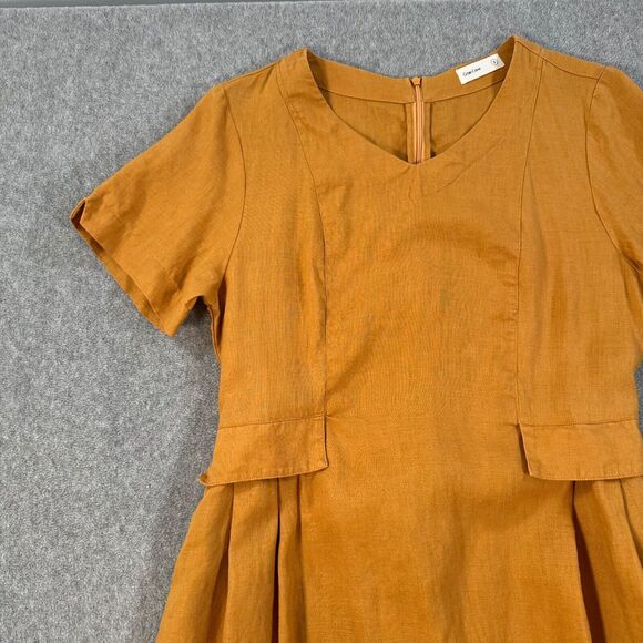 Grae Cove Short Sleeve Dress Women's Small Linen Laganlook Golden Faux Pockets - Picture 3 of 10